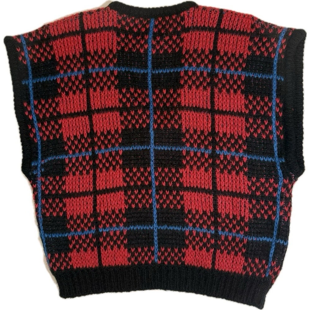 Vintage Cozy Plaid Sweater Vest Red Black Blue V-Neck Sweater Small - Picture 2 of 8